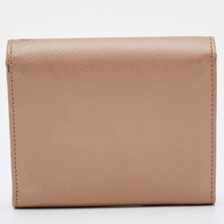 Pre Owned Prada Beige Saffiano Leather Trifold Compact Wallet