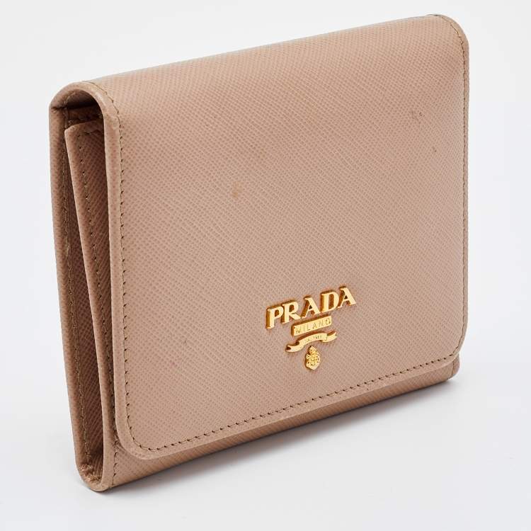 Pre Owned Prada Beige Saffiano Leather Trifold Compact Wallet