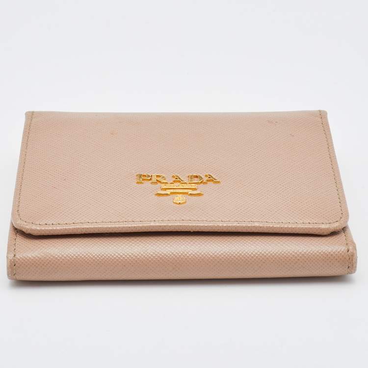 Pre Owned Prada Beige Saffiano Leather Trifold Compact Wallet