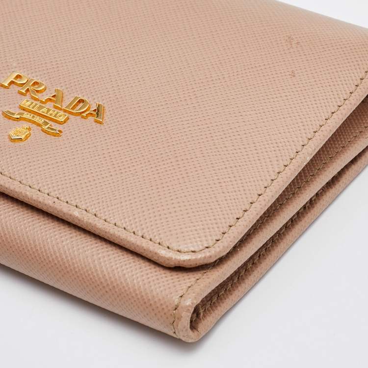 Pre Owned Prada Beige Saffiano Leather Trifold Compact Wallet