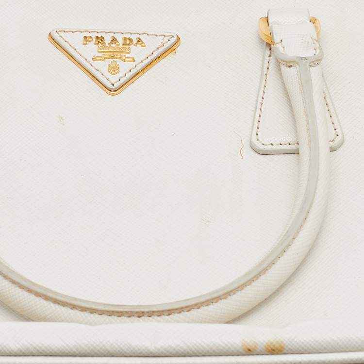 Pre Owned Prada White Saffiano Leather Medium Galleria Double Zip Tote