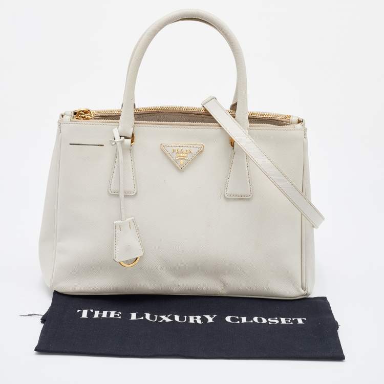 Pre Owned Prada White Saffiano Leather Medium Galleria Double Zip Tote