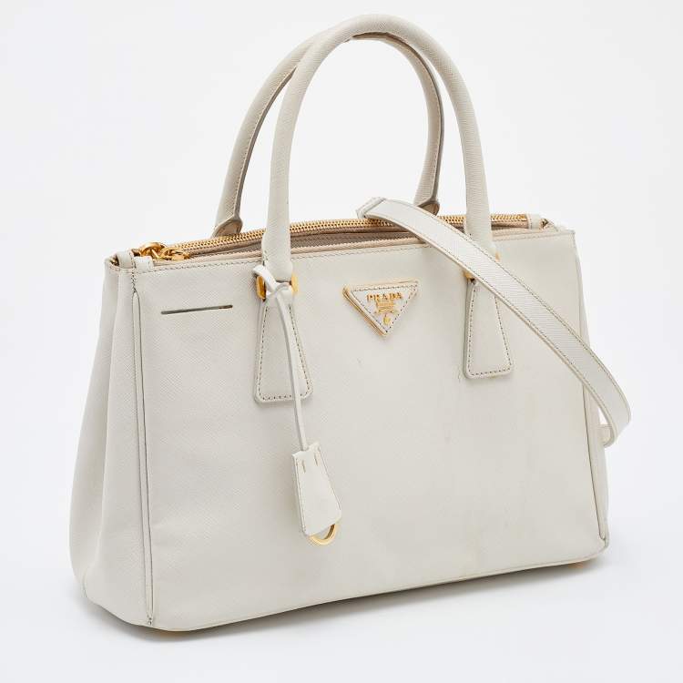 Pre Owned Prada White Saffiano Leather Medium Galleria Double Zip Tote