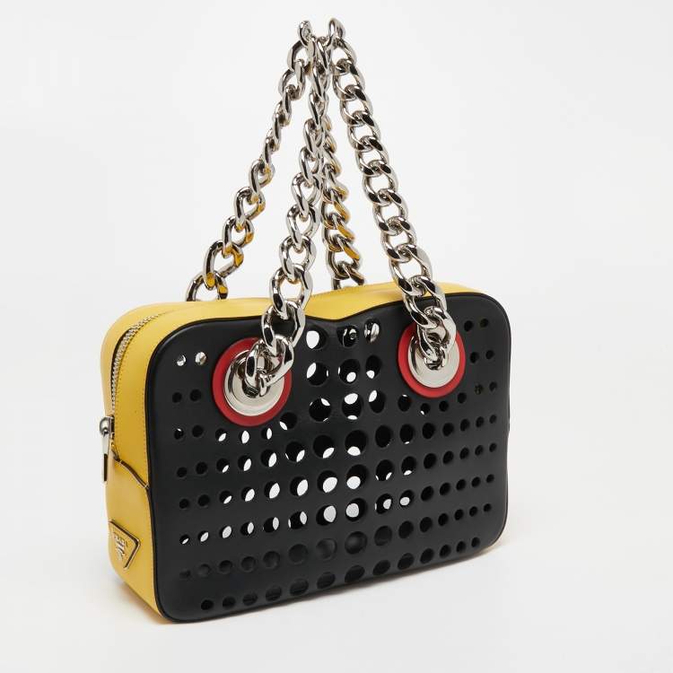 Pre Owned Prada Tri Color Perforated Leather City Fori Chain Bag
