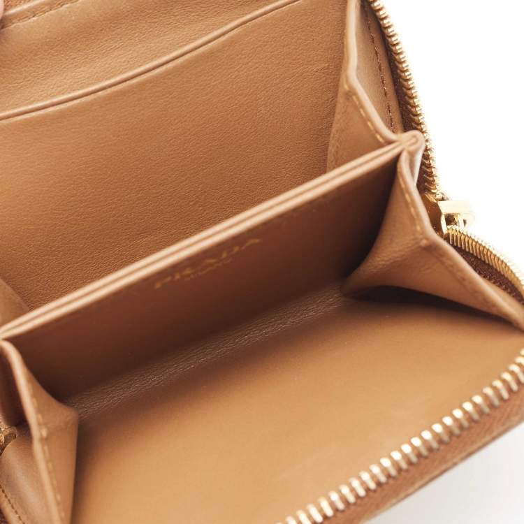 Pre Owned Prada Brown Leather Zip Around Compact Wallet