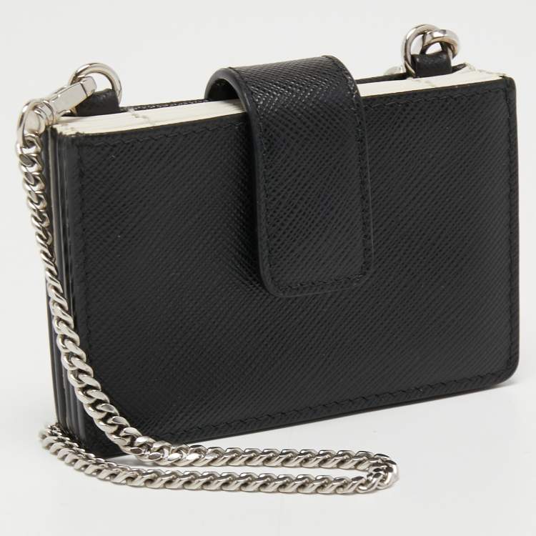 مملوكة مسبقًا Prada Black/White Saffiano Leather Card Case with Chain