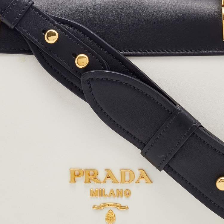 Pre Owned Prada White/Black Leather City Calf Pionnière Saddle Bag