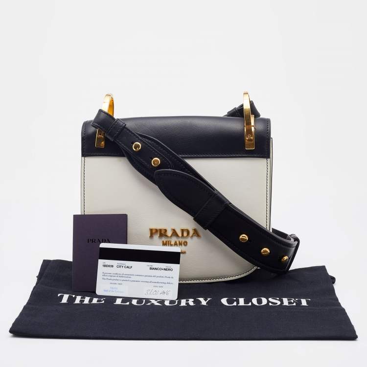 Pre Owned Prada White/Black Leather City Calf Pionnière Saddle Bag