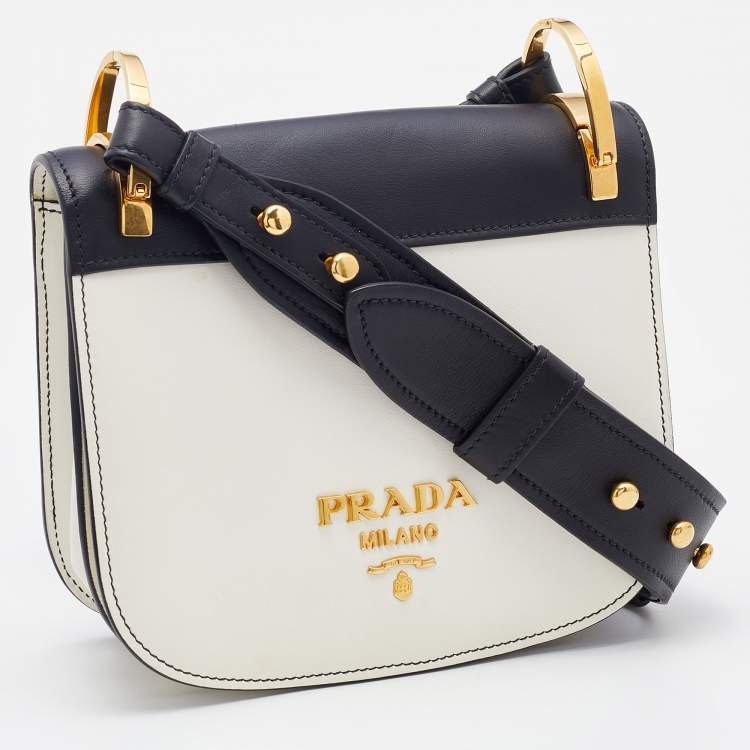 Pre Owned Prada White/Black Leather City Calf Pionnière Saddle Bag