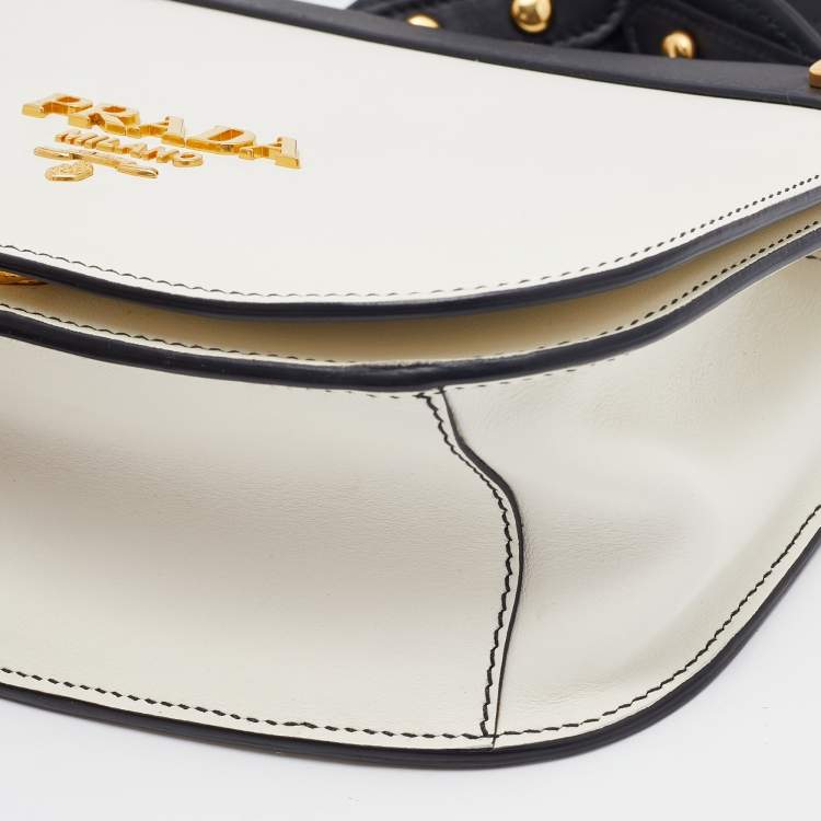 Pre Owned Prada White/Black Leather City Calf Pionnière Saddle Bag