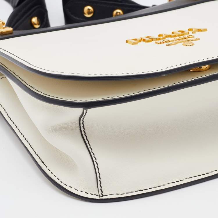 Pre Owned Prada White/Black Leather City Calf Pionnière Saddle Bag