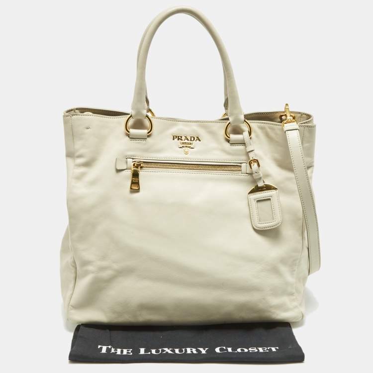 Pre Owned Prada Off White Leather Front Pocket Tote