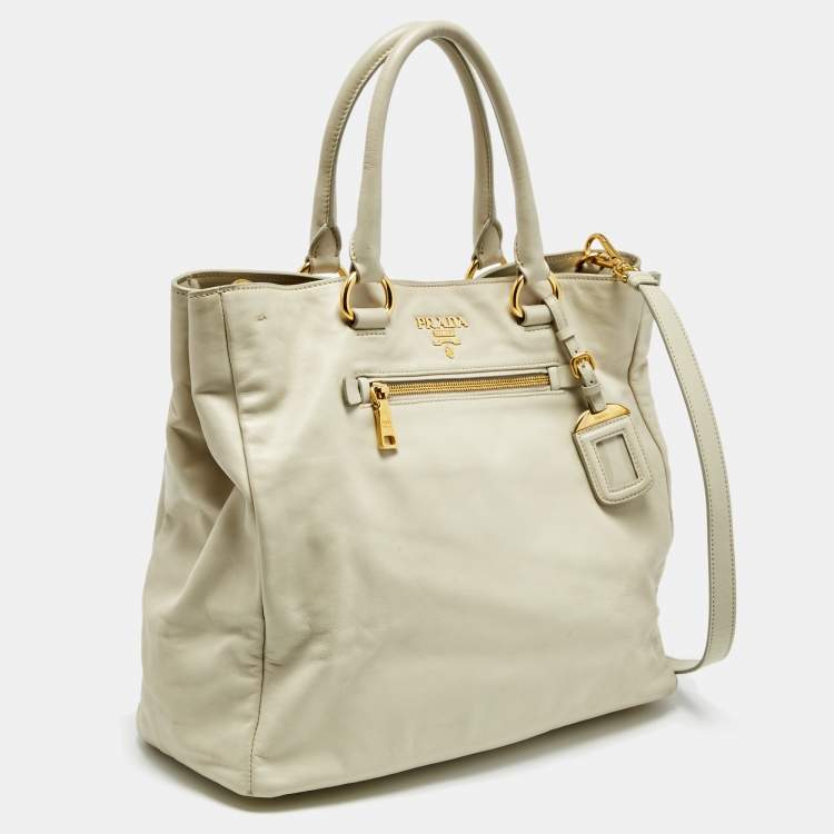 Pre Owned Prada Off White Leather Front Pocket Tote