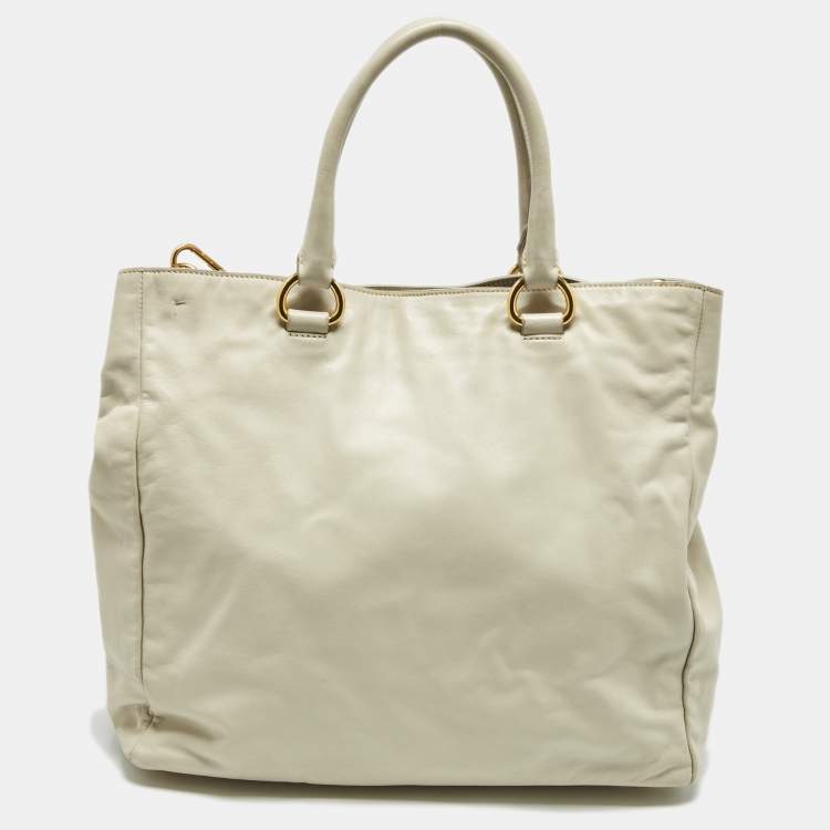 Pre Owned Prada Off White Leather Front Pocket Tote