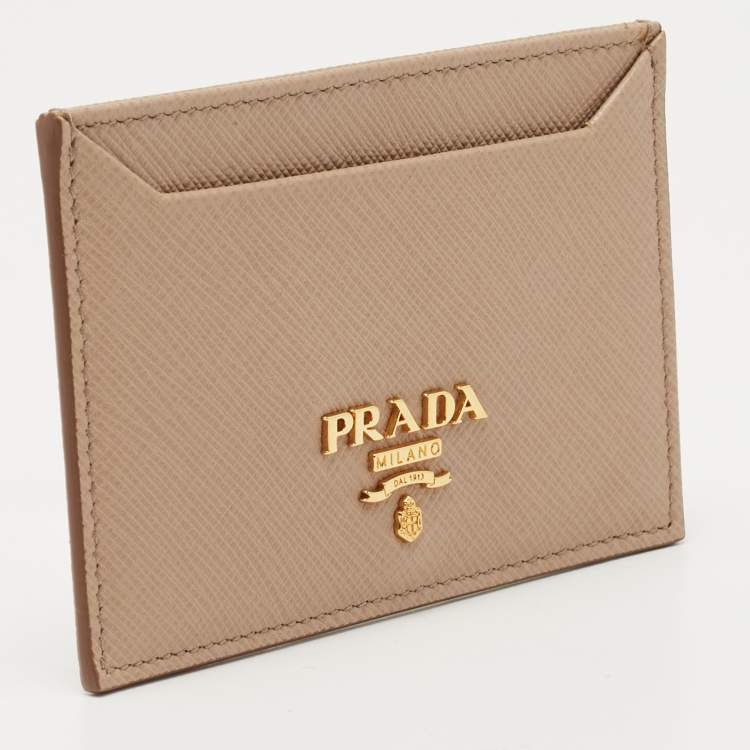 Pre Owned Prada Beige Saffiano Metal Leather Card Holder