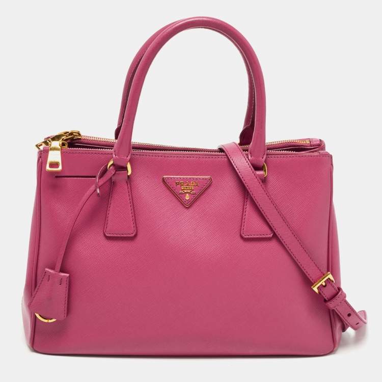 Prada Hand Bag Galleria Double Zip Pink Saffiano Leather Small Tote Auth