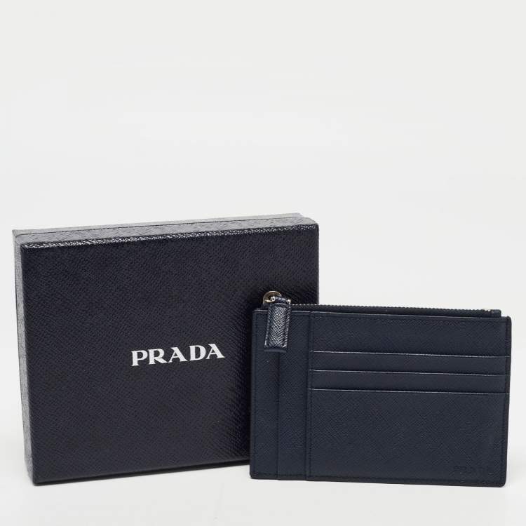 Pre Owned Prada Blue Saffiano Leather Zip Card Holder