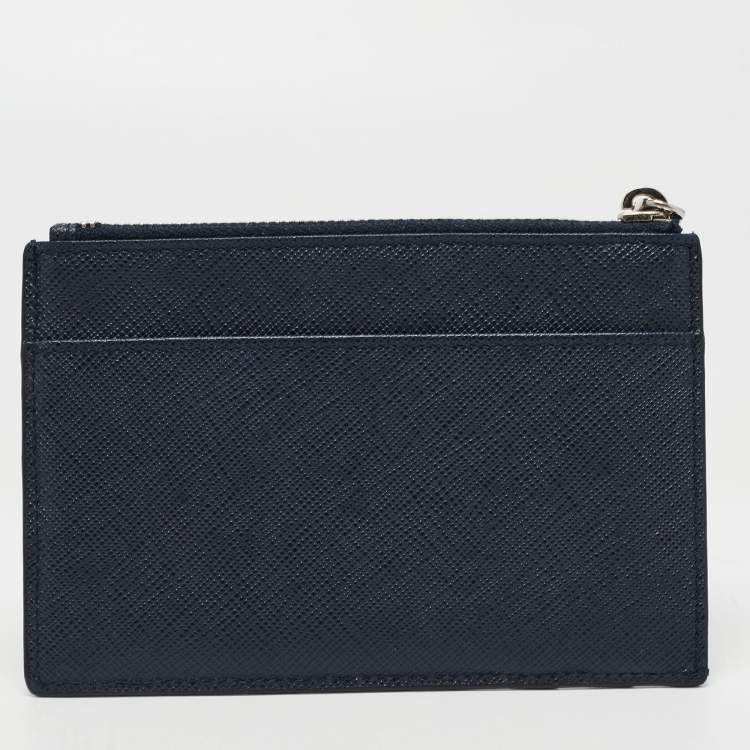 Pre Owned Prada Blue Saffiano Leather Zip Card Holder