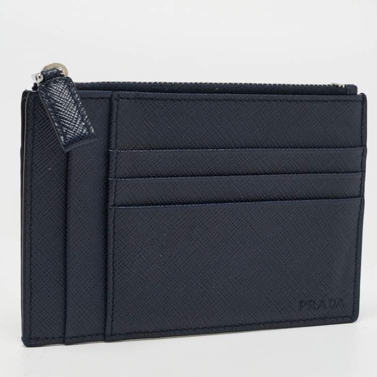 Pre Owned Prada Blue Saffiano Leather Zip Card Holder