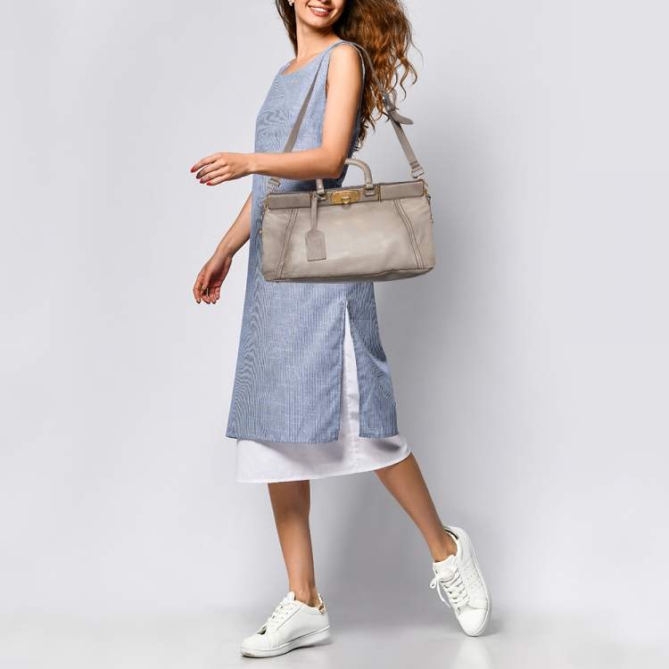 Pre Owned Prada  Light Grey Leather Shopper Tote