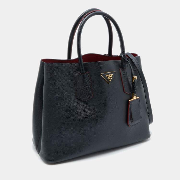 Pre Owned Prada Black Saffiano Cuir Leather Medium Double Handle Tote