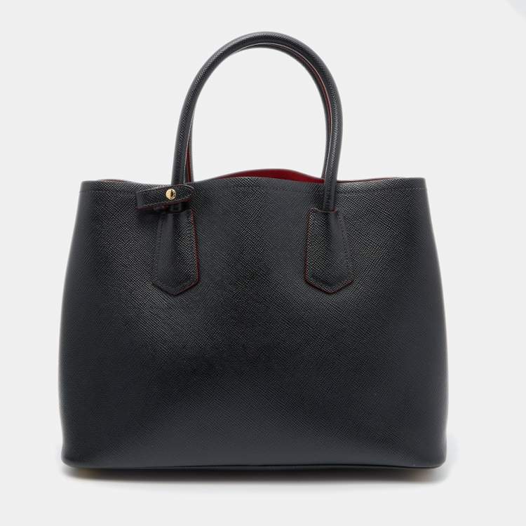 Pre Owned Prada Black Saffiano Cuir Leather Medium Double Handle Tote