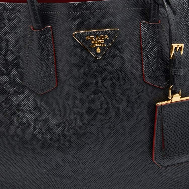 Pre Owned Prada Black Saffiano Cuir Leather Medium Double Handle Tote