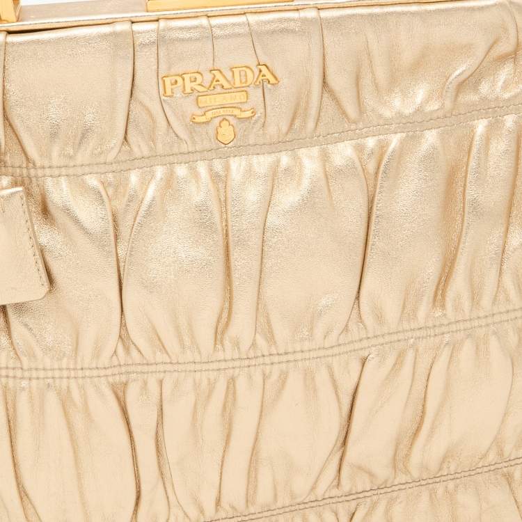 Pre Owned Prada Metallic Gold Leather Gaufre Frame Bag