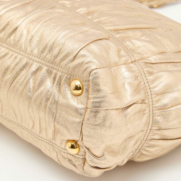Pre Owned Prada Metallic Gold Leather Gaufre Frame Bag