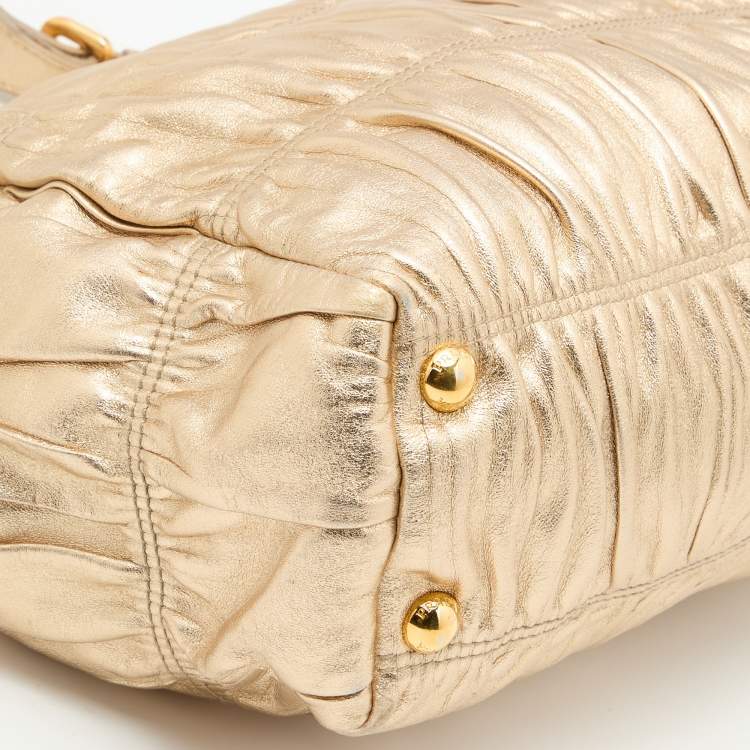 Pre Owned Prada Metallic Gold Leather Gaufre Frame Bag
