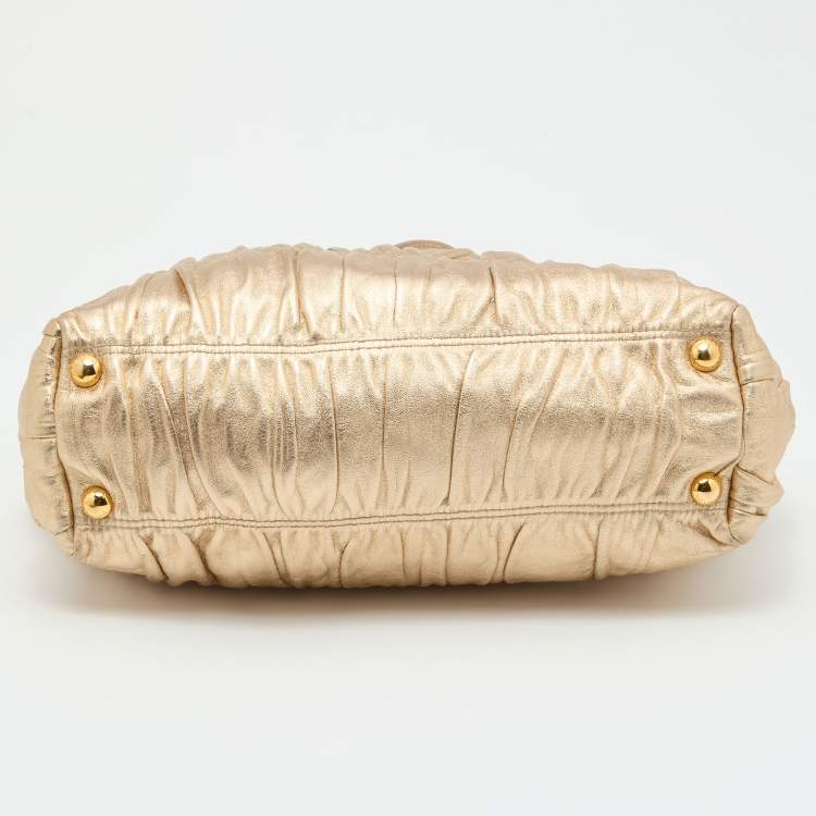 Pre Owned Prada Metallic Gold Leather Gaufre Frame Bag
