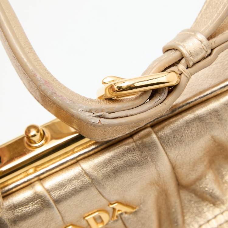 Pre Owned Prada Metallic Gold Leather Gaufre Frame Bag