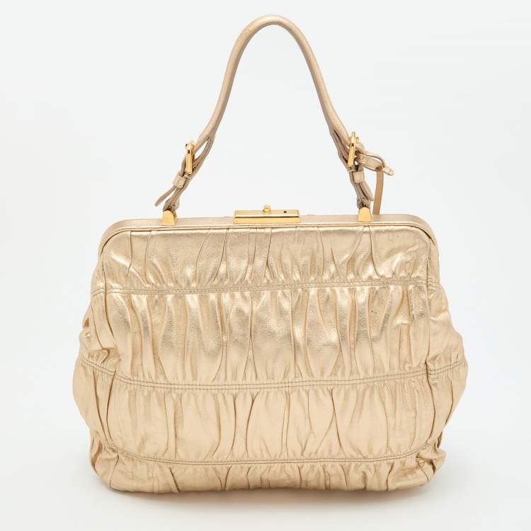 Pre Owned Prada Metallic Gold Leather Gaufre Frame Bag