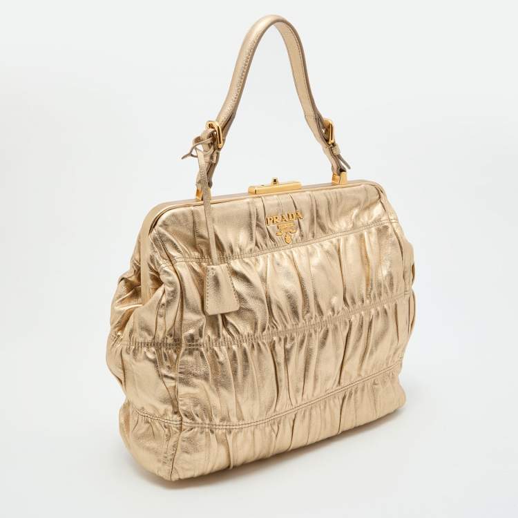 Pre Owned Prada Metallic Gold Leather Gaufre Frame Bag