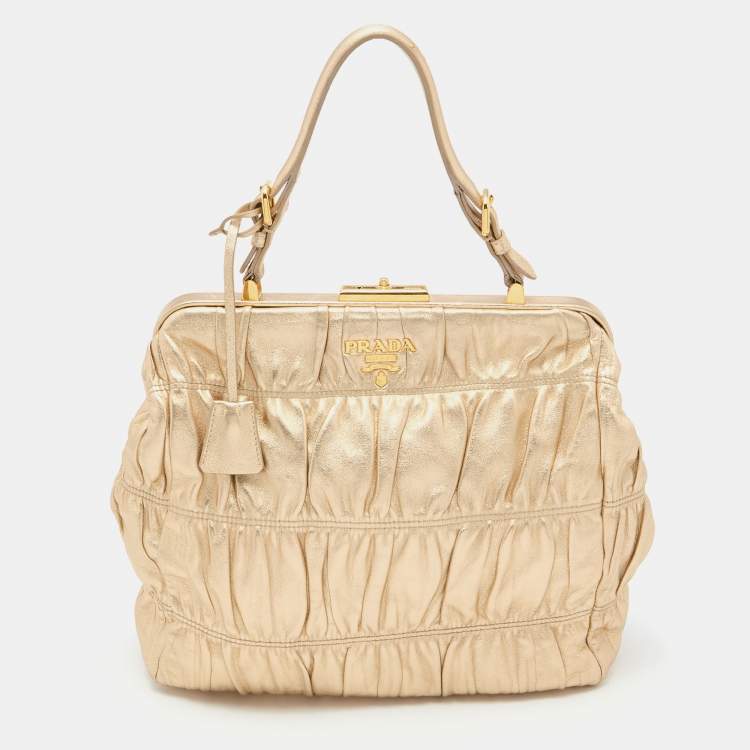 Pre Owned Prada Metallic Gold Leather Gaufre Frame Bag