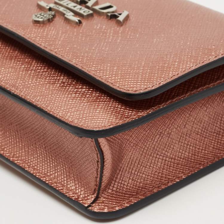 Pre Owned Prada Metallic Rose Gold Saffiano Lux Leather Chain Wallet