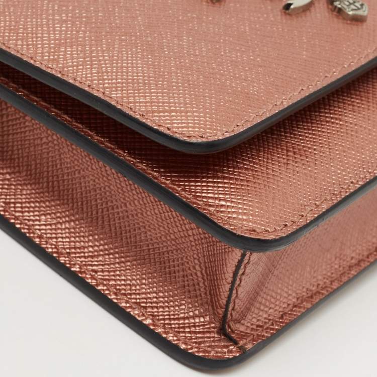 Pre Owned Prada Metallic Rose Gold Saffiano Lux Leather Chain Wallet
