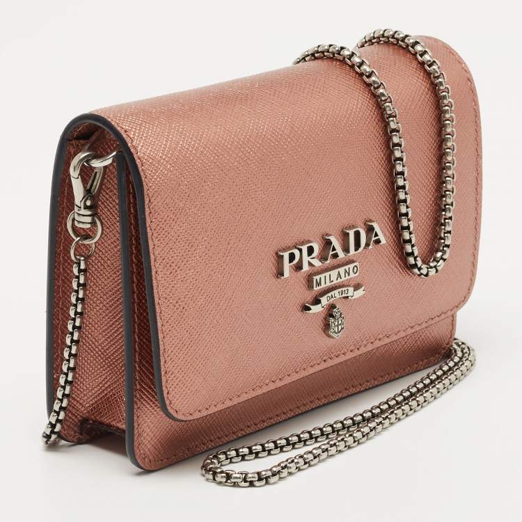 Pre Owned Prada Metallic Rose Gold Saffiano Lux Leather Chain Wallet