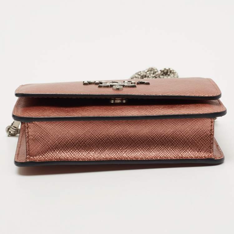 Pre Owned Prada Metallic Rose Gold Saffiano Lux Leather Chain Wallet