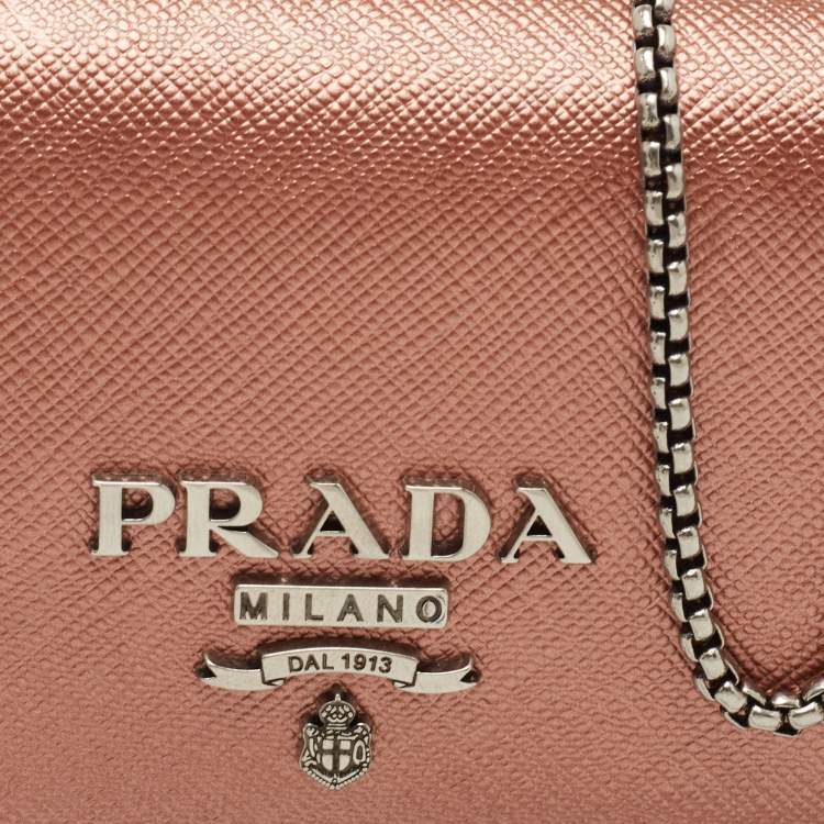 Pre Owned Prada Metallic Rose Gold Saffiano Lux Leather Chain Wallet