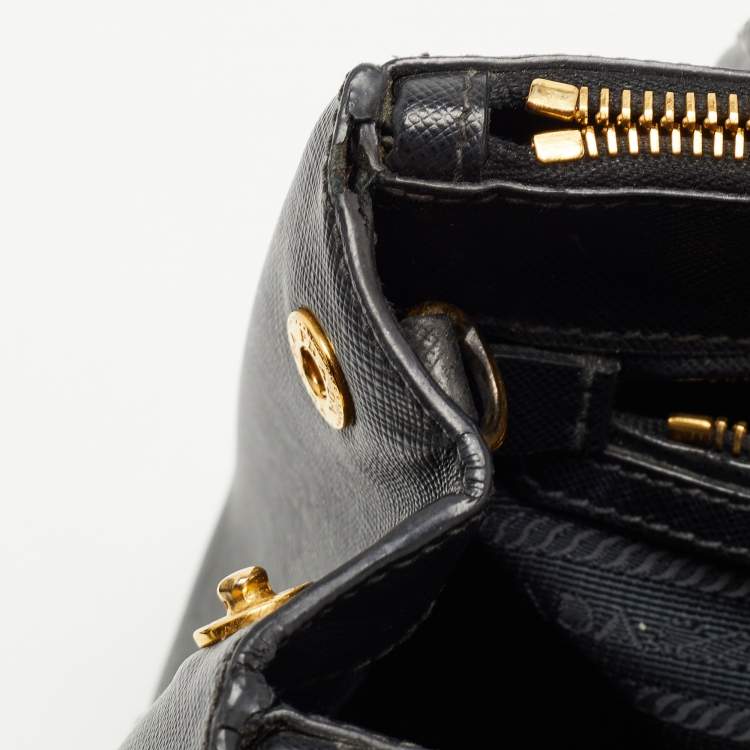 Pre Owned Prada Black Saffiano Lux Leather Small Double Zip Tote 