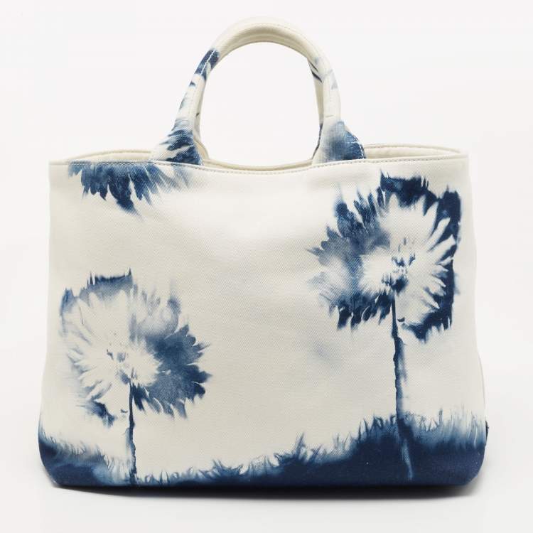 Pre Owned Prada Drill Floral Print Canvas Shopper Tote