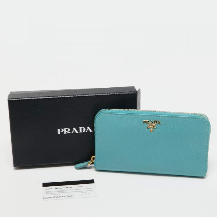 Pre Owned Prada Turquoise Saffiano Lux Leather Zip Around Continental Wallet