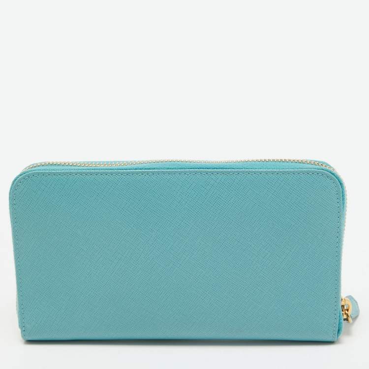 Pre Owned Prada Turquoise Saffiano Lux Leather Zip Around Continental Wallet