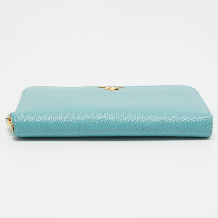 Pre Owned Prada Turquoise Saffiano Lux Leather Zip Around Continental Wallet