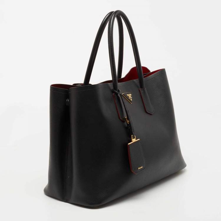 Pre Owned Prada Black Saffiano Cuir Leather Large Double Handle Tote