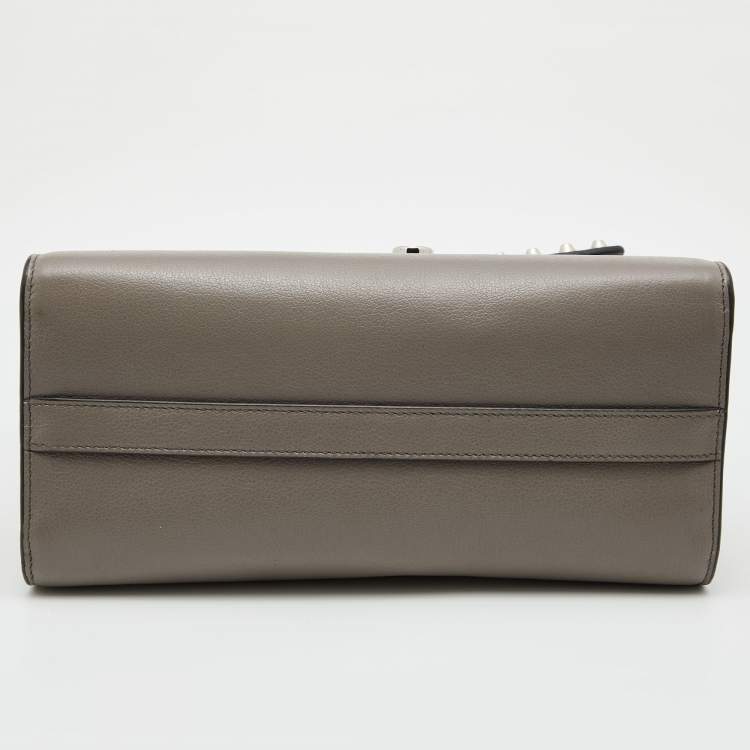 Pre Owned Prada Grey Glace Leather Studded Sound Top Handle Bag