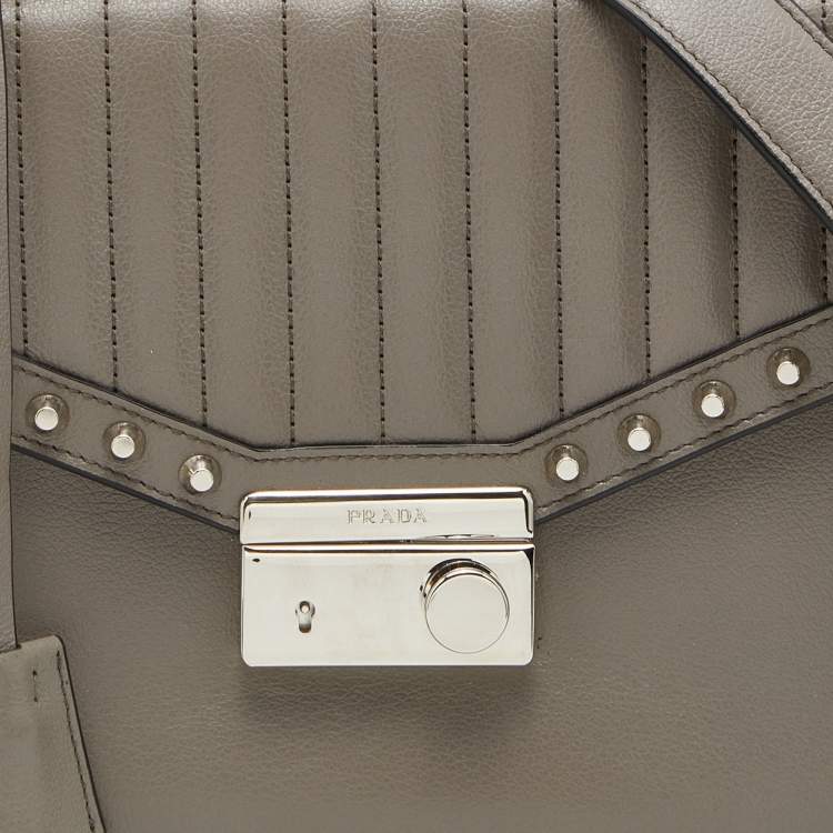 Pre Owned Prada Grey Glace Leather Studded Sound Top Handle Bag