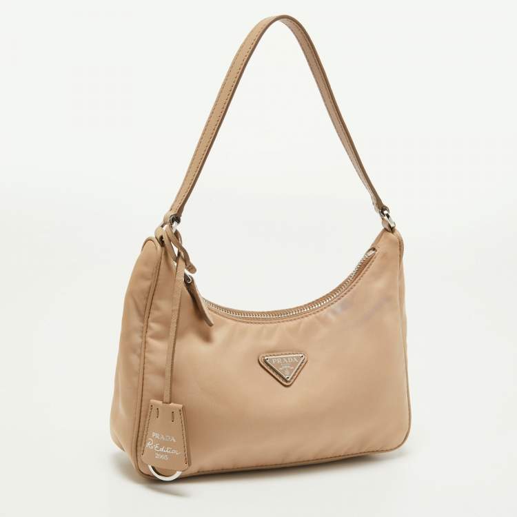 Pre Owned Prada Beige Nylon and Saffiano Leather Mini Re-Edition Bag