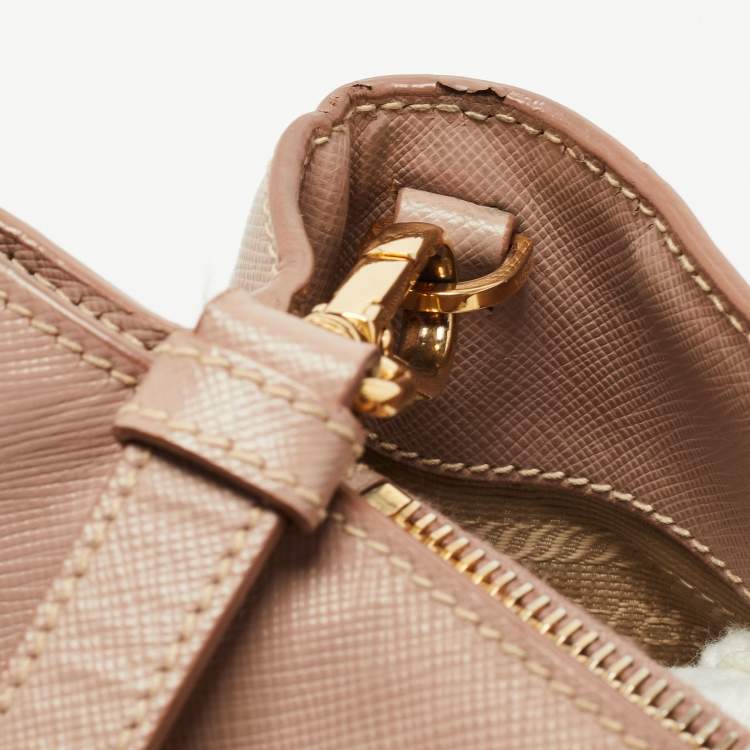 Pre Owned Prada Light Pink Saffiano Lux Leather Small Middle Zip Tote
